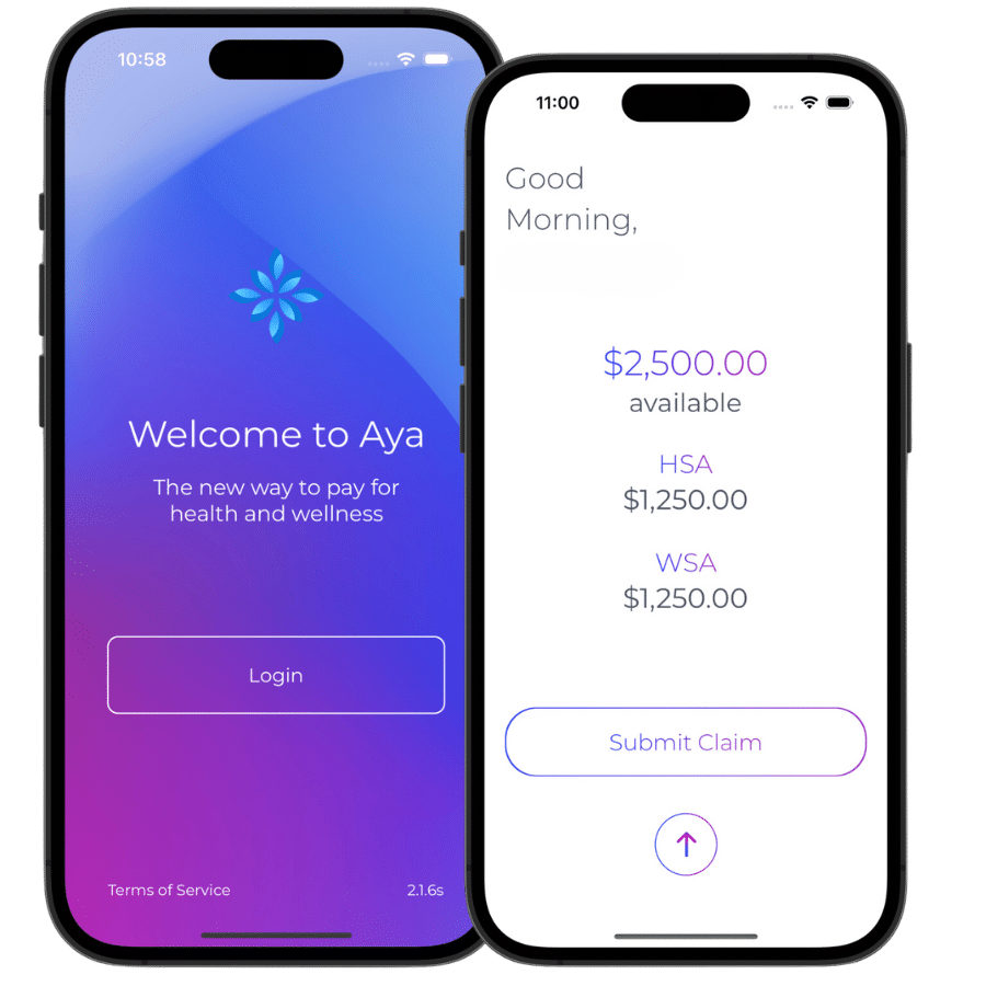 Aya app welcome and account screens. Displayed balances are examples.